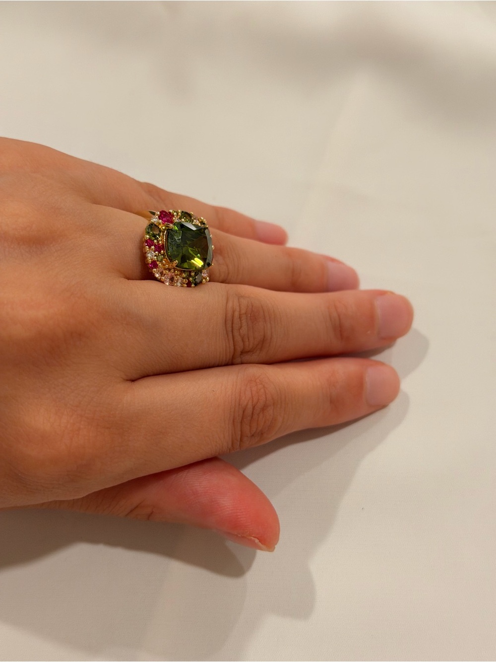 Gold Ring with Olive Green Center and Pink Accents - Picture 8 of 12